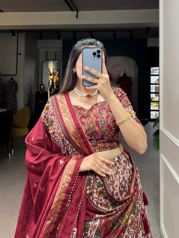 Maroon Color Tussar Silk Foil Print Lehenga Choli