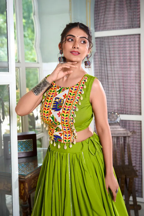 Parrot Rayon Lehenga And Gamthi Work Blouse For Navratri