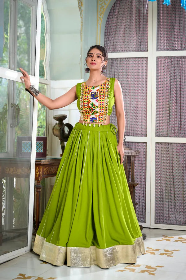 Parrot Rayon Lehenga And Gamthi Work Blouse For Navratri