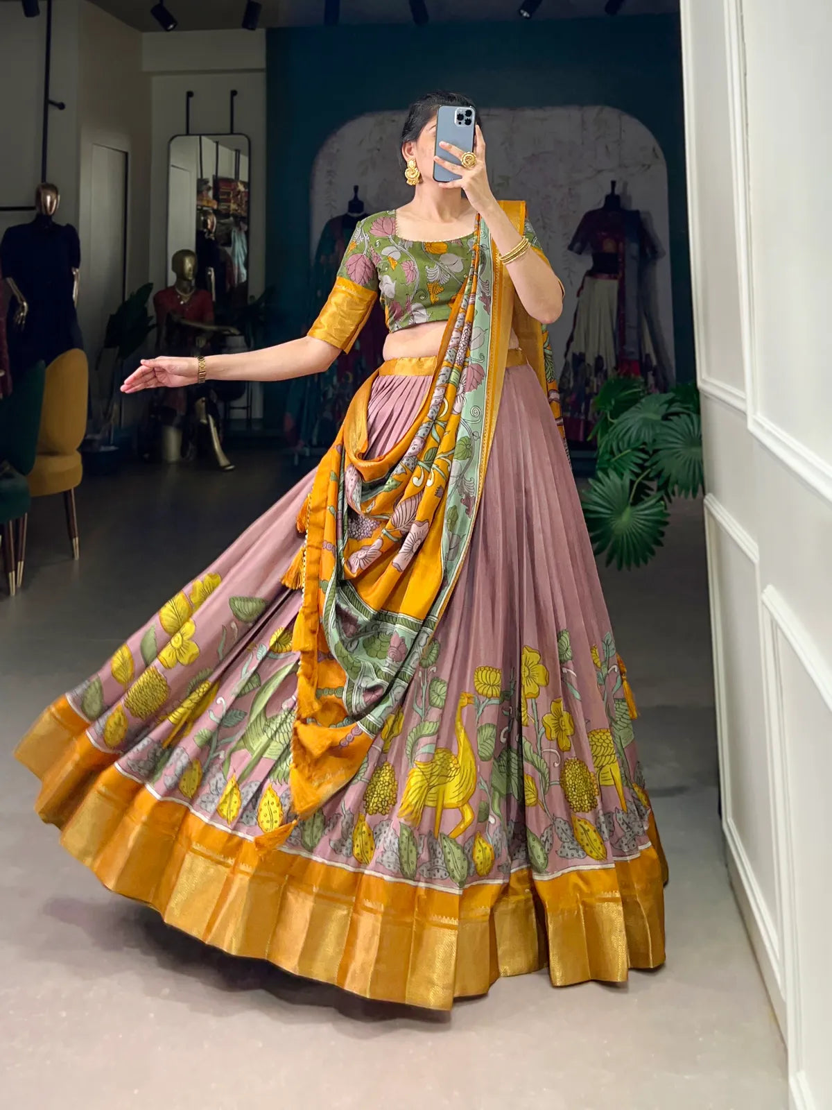 Peach Color Dola Silk Designer Kalamkari Print Lehenga Choli