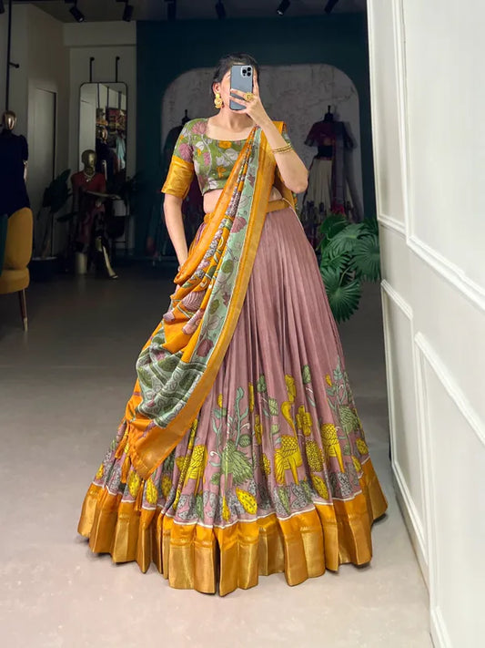 Peach Color Dola Silk Designer Kalamkari Print Lehenga Choli