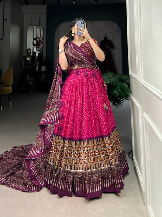 Pink Color Tussar Silk Foil Print Lehenga Choli