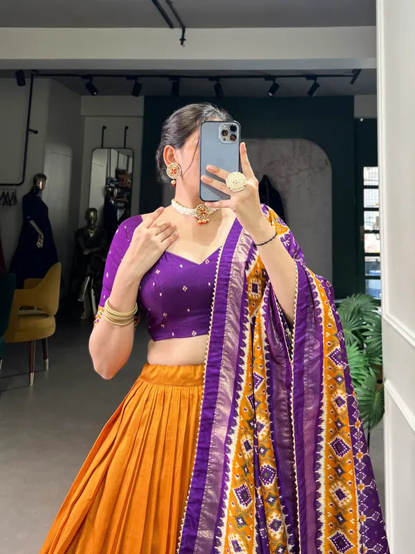 Yellow Tussar Silk Patola Print Trendy Lehenga Choli