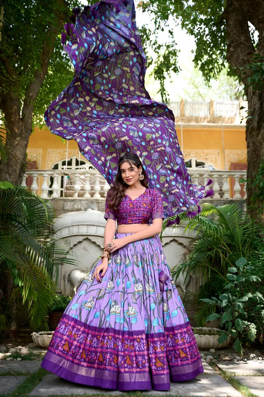 Lavender Tussar Silk Patola Print Trendy Lehenga Choli