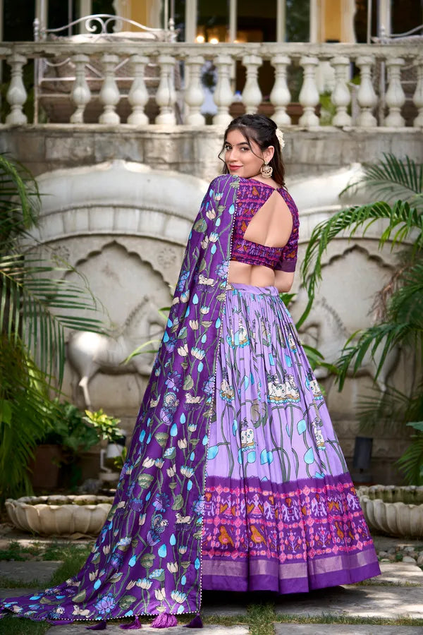 Lavender Tussar Silk Patola Print Trendy Lehenga Choli