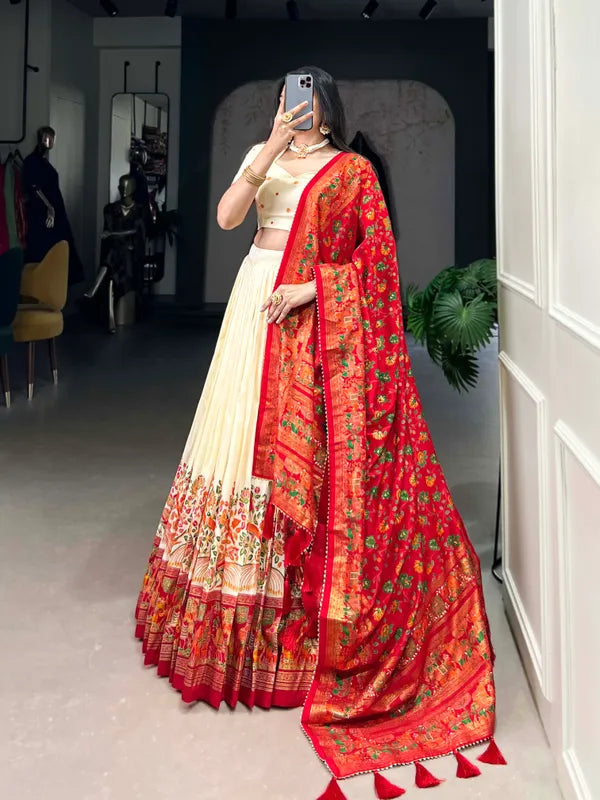 White Tussar Silk Patola Print Trendy Lehenga Choli In White