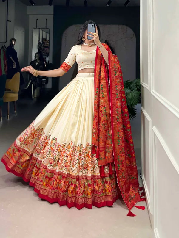 White Tussar Silk Patola Print Trendy Lehenga Choli In White