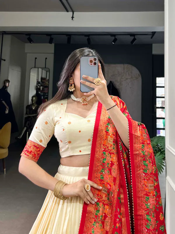 White Tussar Silk Patola Print Trendy Lehenga Choli In White