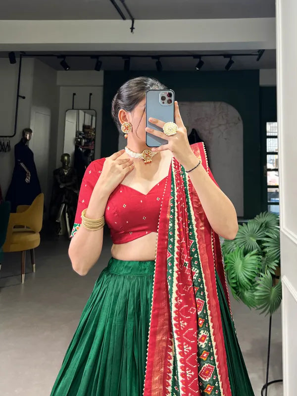 Green Tussar Silk Patola Print Trendy Lehenga Choli