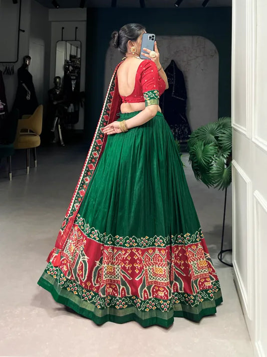 Green Tussar Silk Patola Print Trendy Lehenga Choli