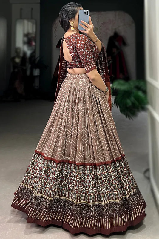 Brown Color Tussar Silk Foil Print Lehenga Choli