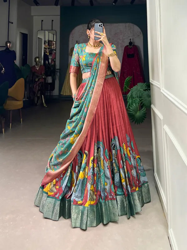 Red Color Dola Silk Designer Kalamkari Print Lehenga Choli