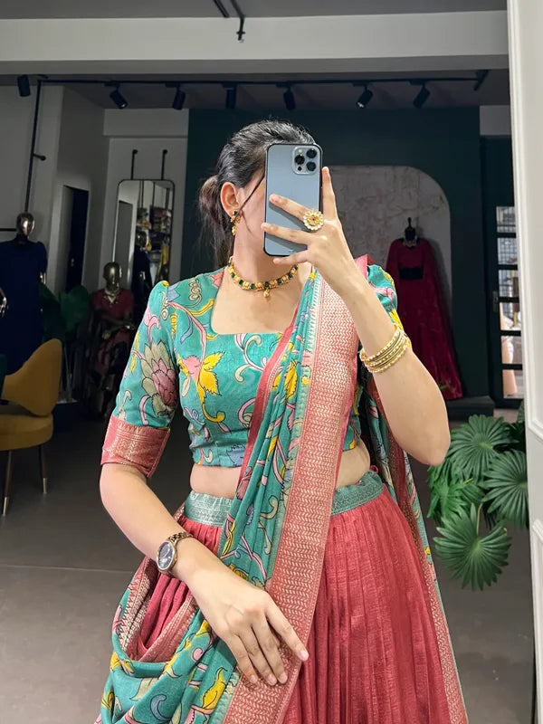 Red Color Dola Silk Designer Kalamkari Print Lehenga Choli