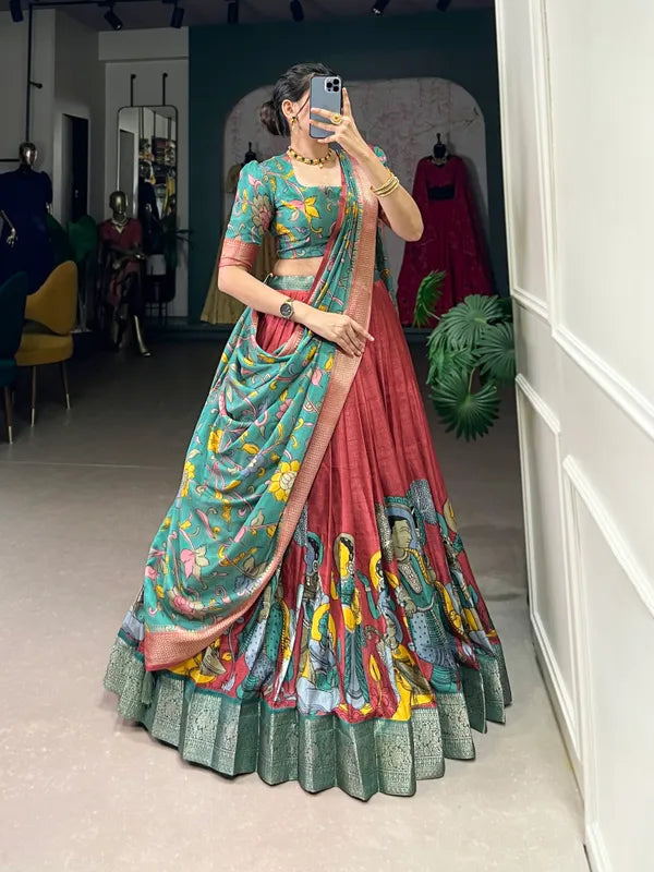 Red Color Dola Silk Designer Kalamkari Print Lehenga Choli