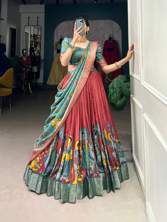 Red Color Dola Silk Designer Kalamkari Print Lehenga Choli