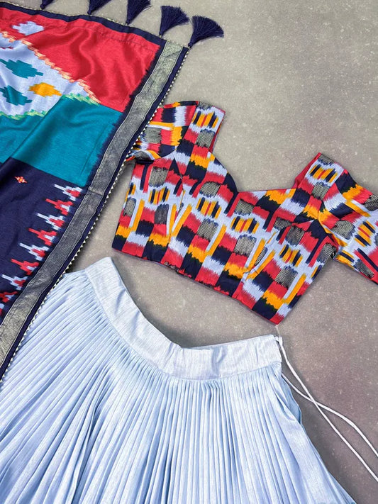 Sky Blue Color Tussar Silk Printed Navratri Lehenga Choli