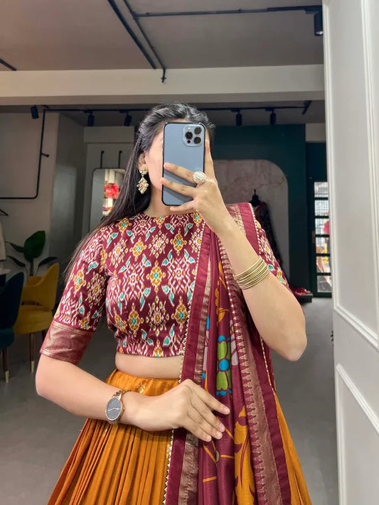 Yellow Floral Woven Flared Lehenga & Choli With Dupatta For Women