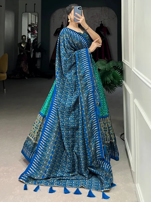 Green Color Tussar Silk Foil Print Lehenga Choli