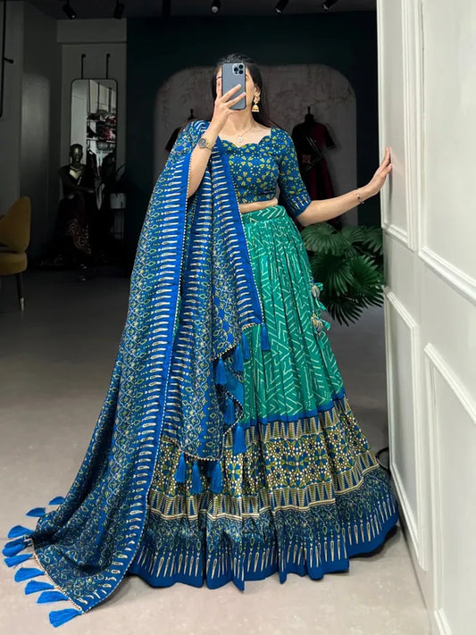 Green Color Tussar Silk Foil Print Lehenga Choli