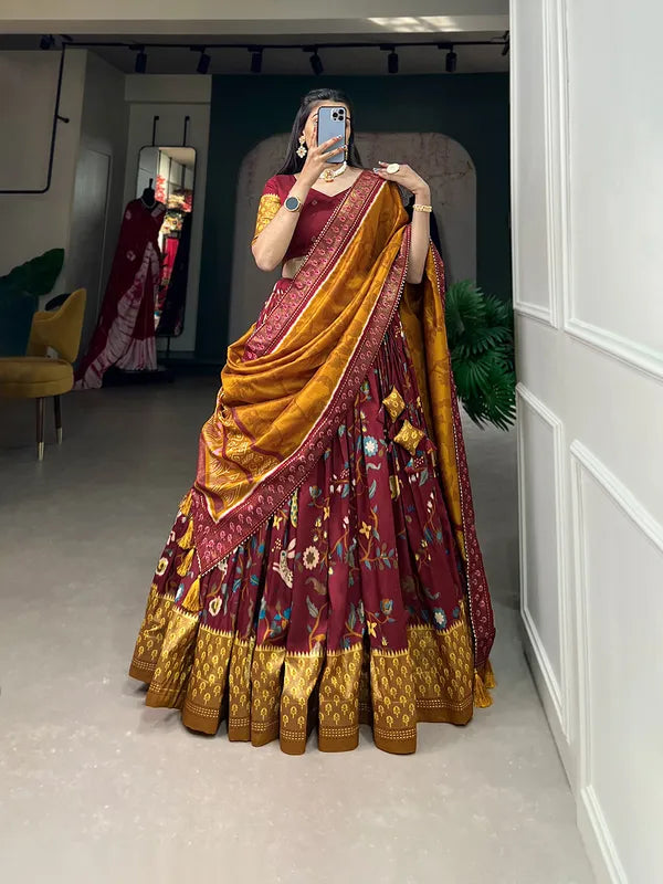 Maroon Tussar Silk Maroon Fabulously Patola Printed Stitched Lehenga & Blouse With Dupatta