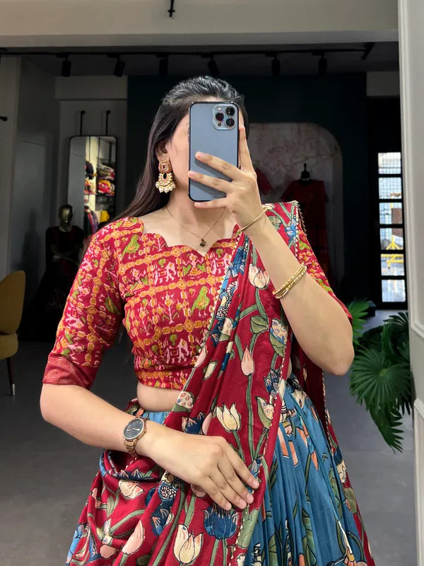 Firozi Tussar Silk Firozi Fabulously Patola Printed Stitched Lehenga & Blouse With Dupatta
