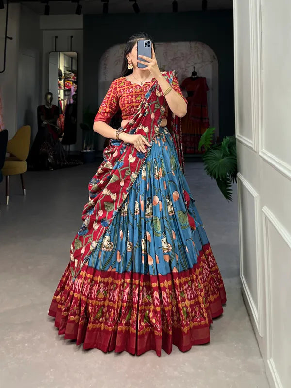 Firozi Tussar Silk Firozi Fabulously Patola Printed Stitched Lehenga & Blouse With Dupatta