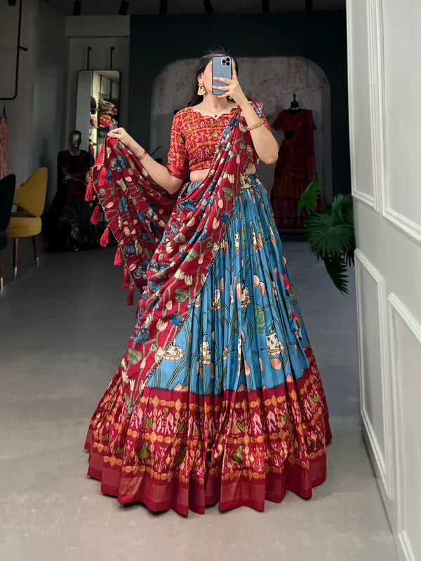 Firozi Tussar Silk Firozi Fabulously Patola Printed Stitched Lehenga & Blouse With Dupatta