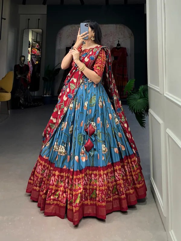 Firozi Tussar Silk Firozi Fabulously Patola Printed Stitched Lehenga & Blouse With Dupatta