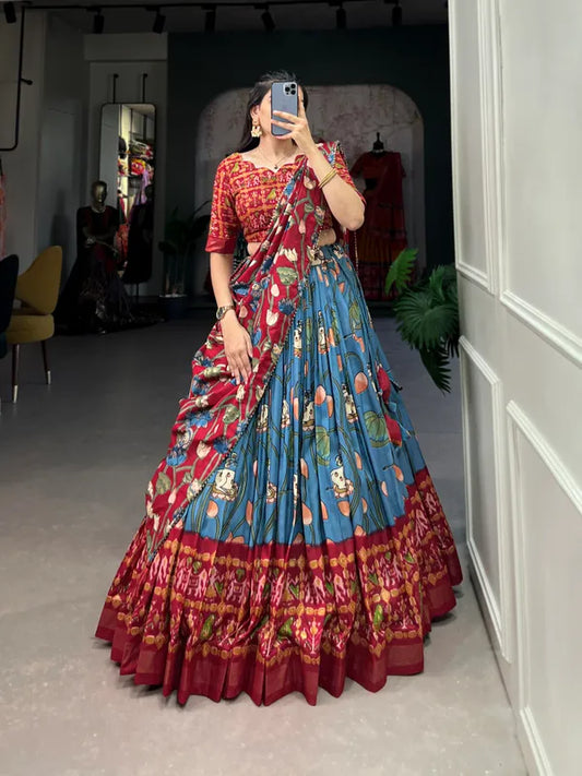 Firozi Tussar Silk Firozi Fabulously Patola Printed Stitched Lehenga & Blouse With Dupatta