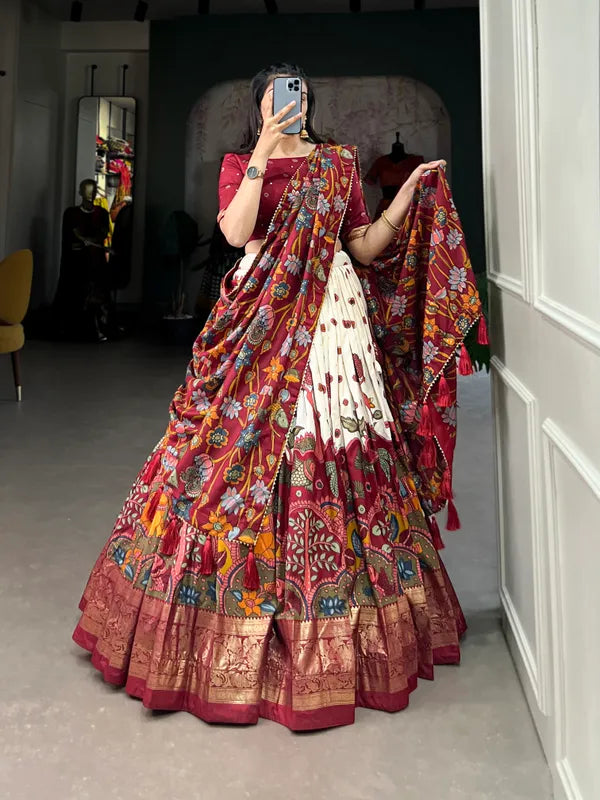White Color Tussar Silk Foil Print Lehenga Choli