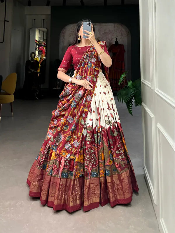White Color Tussar Silk Foil Print Lehenga Choli
