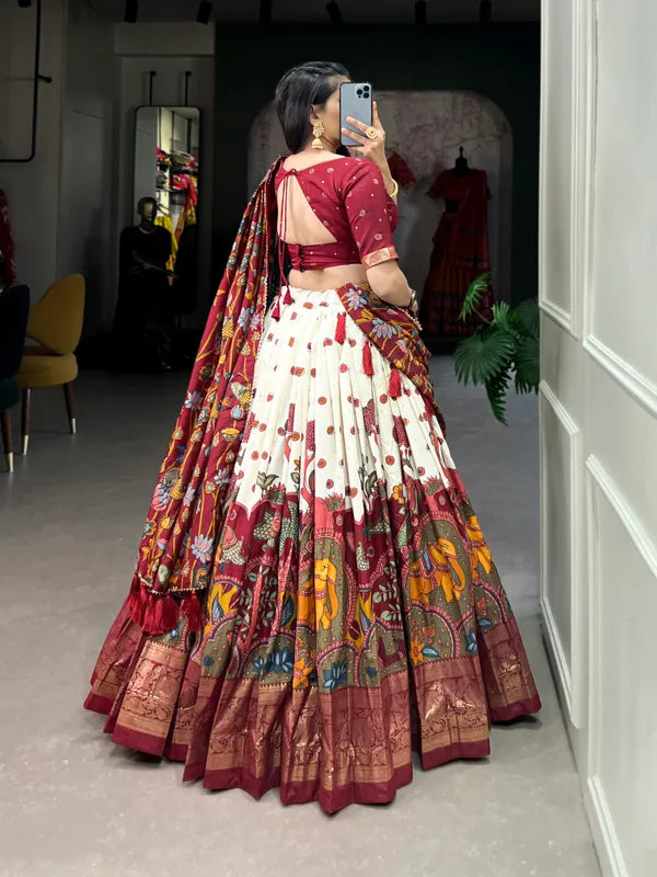 White Color Tussar Silk Foil Print Lehenga Choli