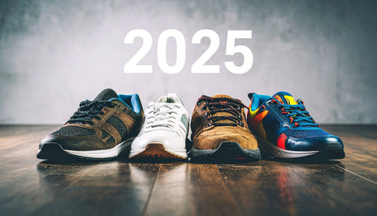 A dynamic shot of four different pairs of on-trend sneakers for 2025, including a pair of retro runners, sleek low-profile sneakers, rugged trail sneakers, and a brightly colored pair.