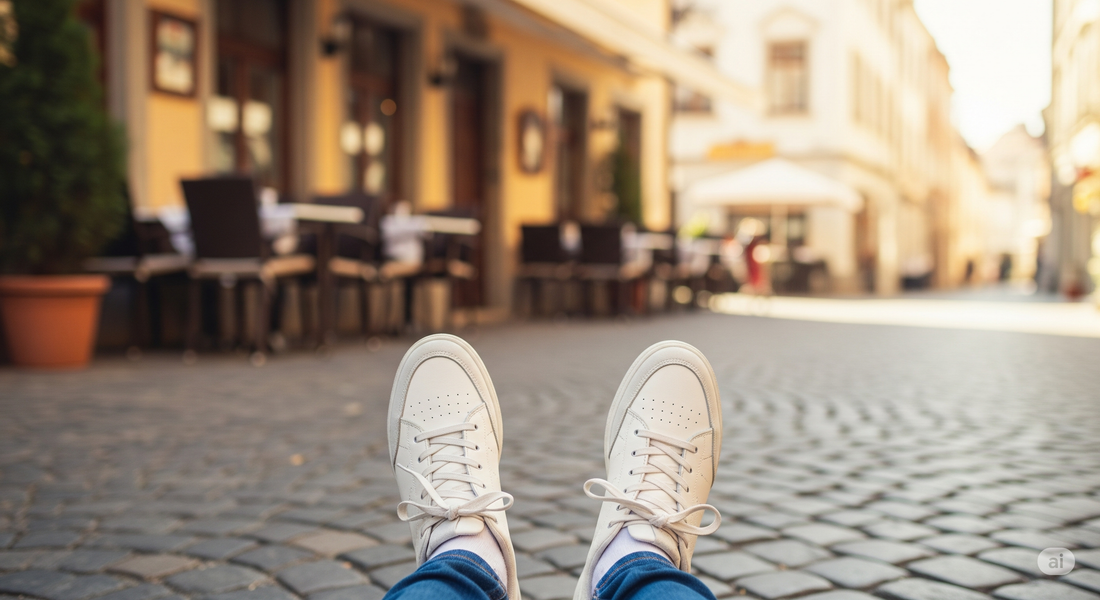  A person's feet in comfortable and stylish sneakers, standing on a cobblestone street in a picturesque European city, with a map in hand.