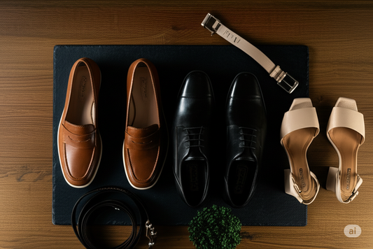 A stylish flat lay of various Rumani Shoes, including a pair of elegant loafers, chic sandals, and classic pumps, arranged on a luxurious-looking surface.