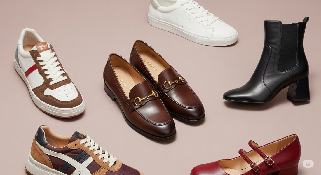  A vibrant collage showcasing the top five shoe trends for 2025: a pair of chic loafers, retro-inspired sneakers, stylish block heels, and classic white sneakers.