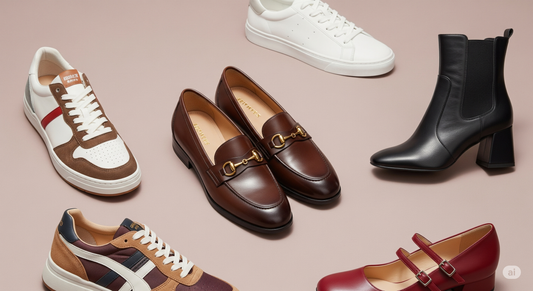  A vibrant collage showcasing the top five shoe trends for 2025: a pair of chic loafers, retro-inspired sneakers, stylish block heels, and classic white sneakers.