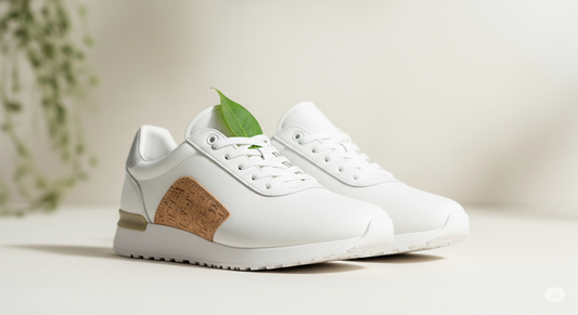 A pair of stylish sneakers made from recycled materials, with a green leaf design subtly incorporated.