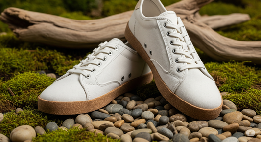 A close-up shot of a stylish pair of sneakers made from recycled materials, resting on a bed of lush green moss, symbolizing the connection between fashion and nature.