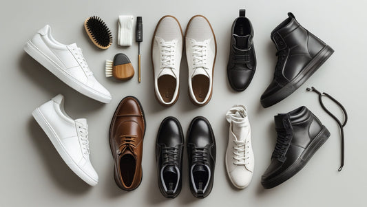 Flat-lay of various stylish shoes including white sneakers, brown leather loafers, black ankle boots, and high-top streetwear shoes, with shoe care accessories like a brush, socks, and waterproof spray on a clean, minimalist background.