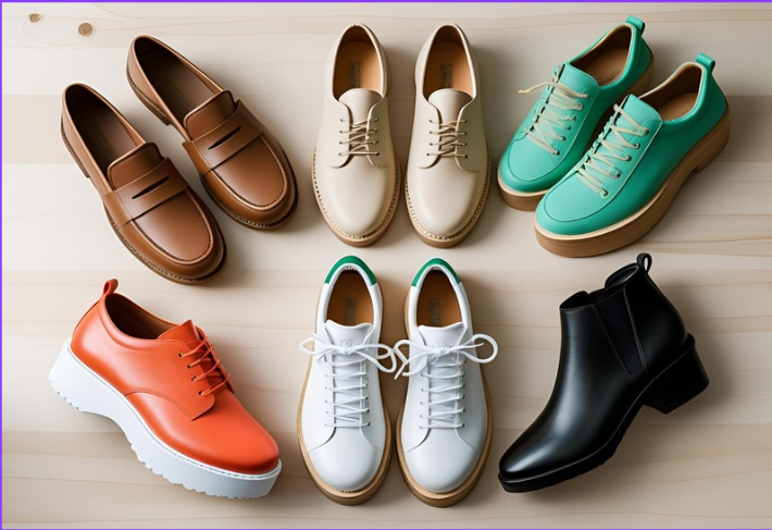 A vibrant and stylish collage of the top 5 shoe trends for 2025, featuring retro loafers, comfortable clogs, sustainable sneakers, bold-colored heels, and sleek flats.