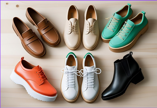 A vibrant and stylish collage of the top 5 shoe trends for 2025, featuring retro loafers, comfortable clogs, sustainable sneakers, bold-colored heels, and sleek flats.