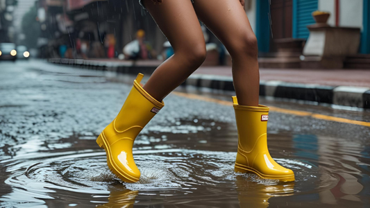 A young Indian woman smiling and joyfully splashing in a puddle, wearing bright yellow ankle-length gumboots and a stylish raincoat in a city setting