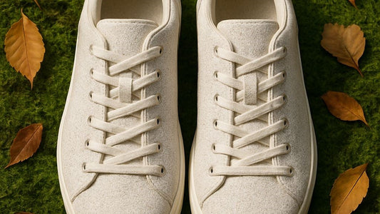 A pair of stylish, minimalist sneakers made from recycled materials, displayed on a background of green leaves and natural textures.