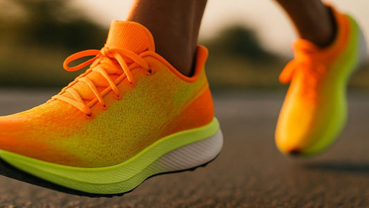 A close-up of a person's feet in modern running shoes, tied and ready to go, on a running track with the starting line visible.