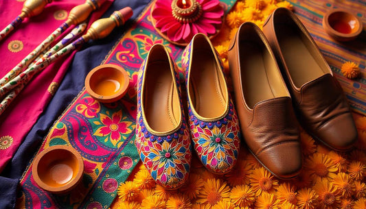 A vibrant flat-lay of festive footwear, with a pair of colourful Gujarati-style embroidered Juttis and men's leather Mojaris, arranged around Navratri dandiya sticks and decorative diyas.