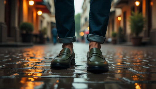A person wearing stylish, dark green waterproof loafers, confidently walking on a wet, reflective street in a city like Surat during the monsoon.