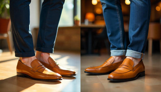 A stylish man wearing the same pair of tan loafers, shown in a split image - on the left in an office setting with chinos, and on the right in a cafe with jeans.