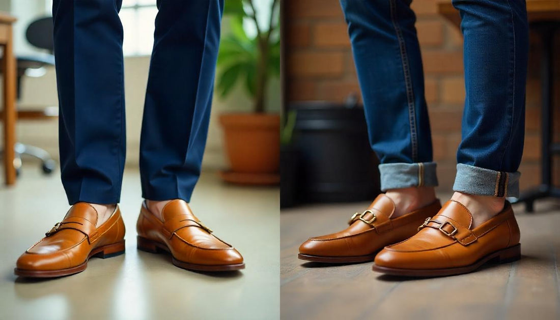 A stylish man wearing the same pair of tan loafers, shown in a split image - on the left in an office setting with chinos, and on the right in a cafe with jeans.