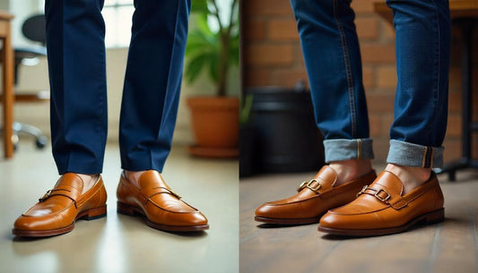 A stylish man wearing the same pair of tan loafers, shown in a split image - on the left in an office setting with chinos, and on the right in a cafe with jeans.